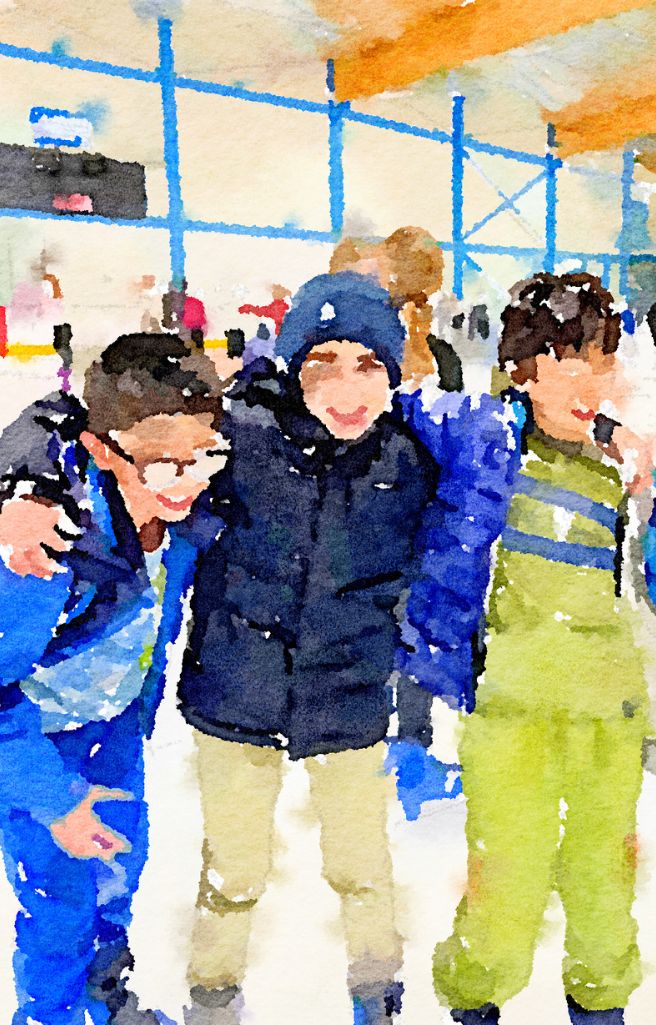 Watercolor of King’s Ely International Prep students ice skating in Cambridge 